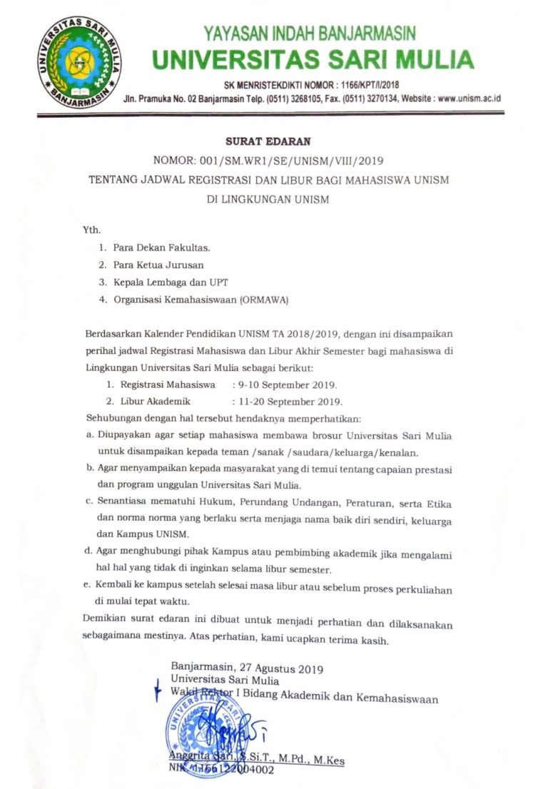 Libur Semester Dan Registrasi Ta 2019 2020 Fakultas Kesehatan